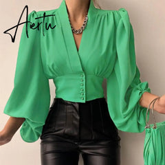 Women Shirts  Fashion Lantern Long Sleeve Elegant Blouse Summer Sexy V-neck Tunic Top Casual Party High Street Blusas Aiertu