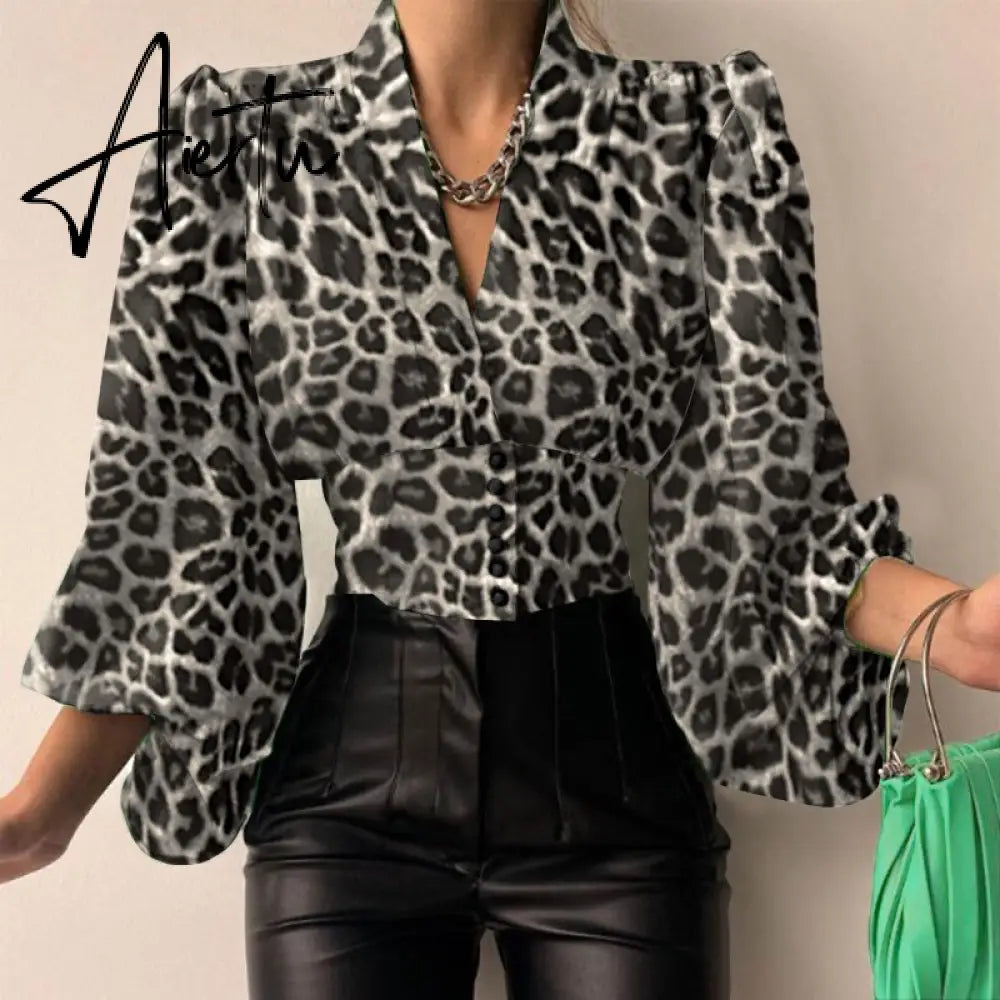 Women Shirts  Fashion Lantern Long Sleeve Elegant Blouse Summer Sexy V-neck Tunic Top Casual Party High Street Blusas Aiertu