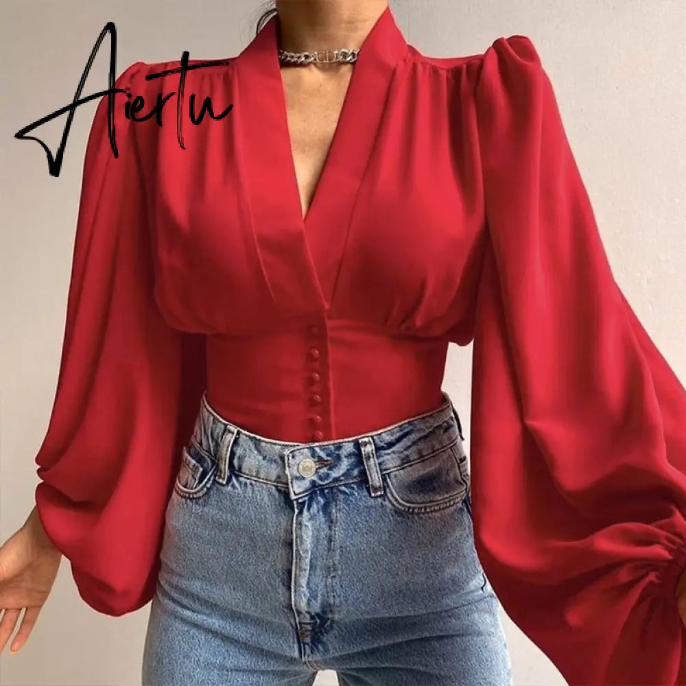 Women Shirts  Fashion Lantern Long Sleeve Elegant Blouse Summer Sexy V-neck Tunic Top Casual Party High Street Blusas Aiertu