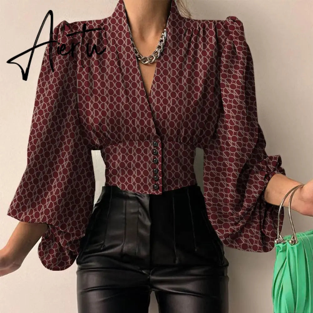 Women Shirts  Fashion Lantern Long Sleeve Elegant Blouse Summer Sexy V-neck Tunic Top Casual Party High Street Blusas Aiertu