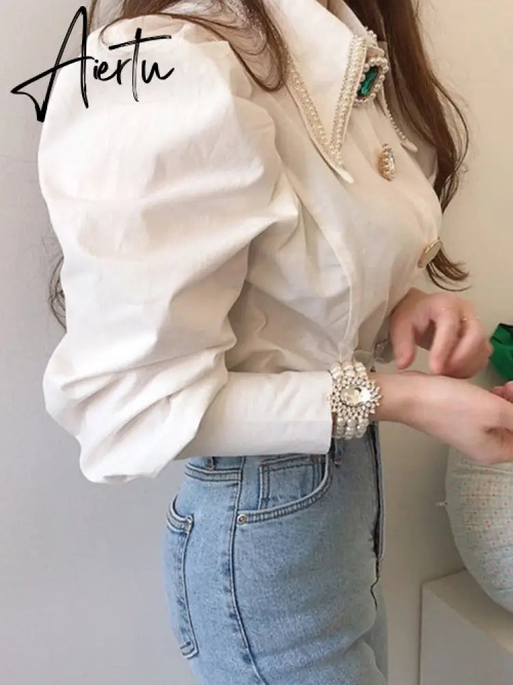 Women Shirts French Vintage Blouse Spring Button Up Shirt Pointed Collar Long Puff Sleeve Pearl Button Slim White Tops Aiertu