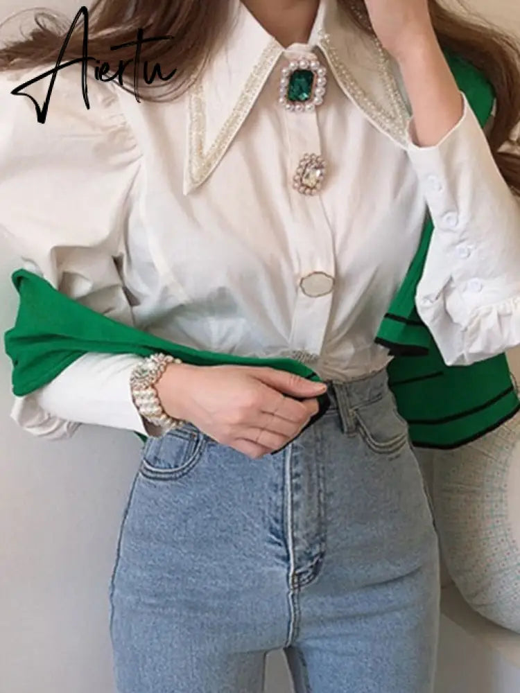 Women Shirts French Vintage Blouse Spring Button Up Shirt Pointed Collar Long Puff Sleeve Pearl Button Slim White Tops Aiertu