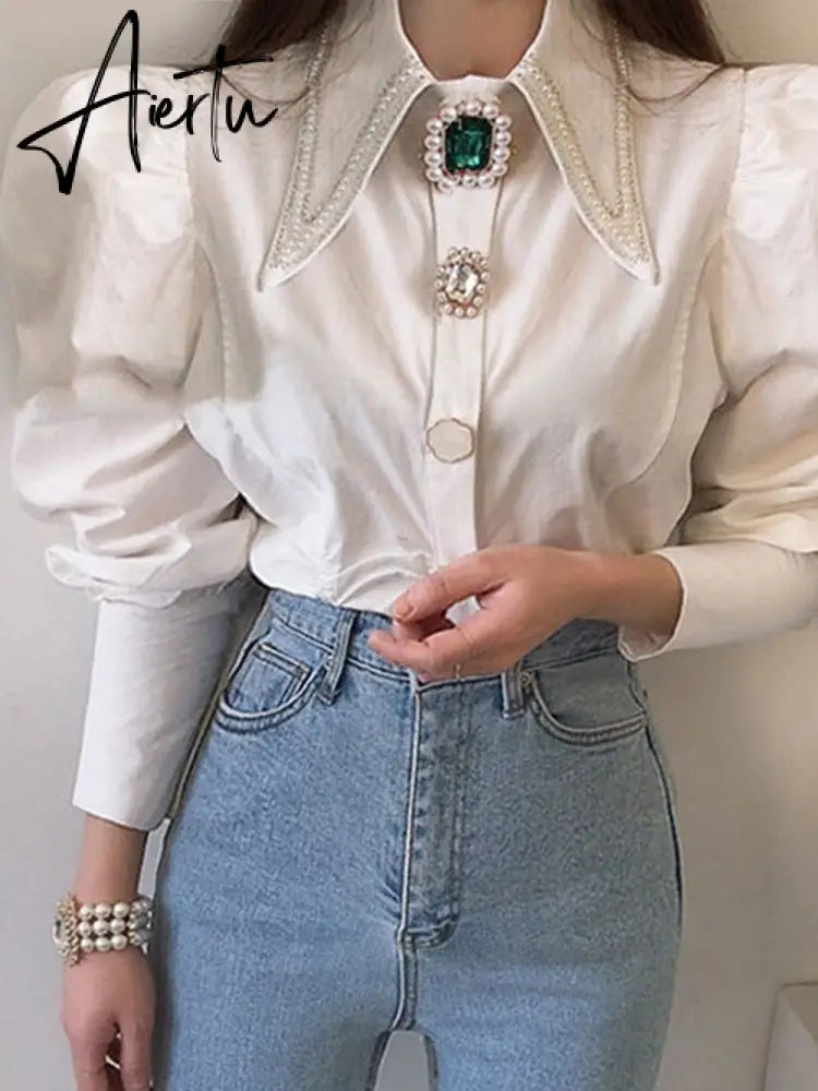 Women Shirts French Vintage Blouse Spring Button Up Shirt Pointed Collar Long Puff Sleeve Pearl Button Slim White Tops Aiertu