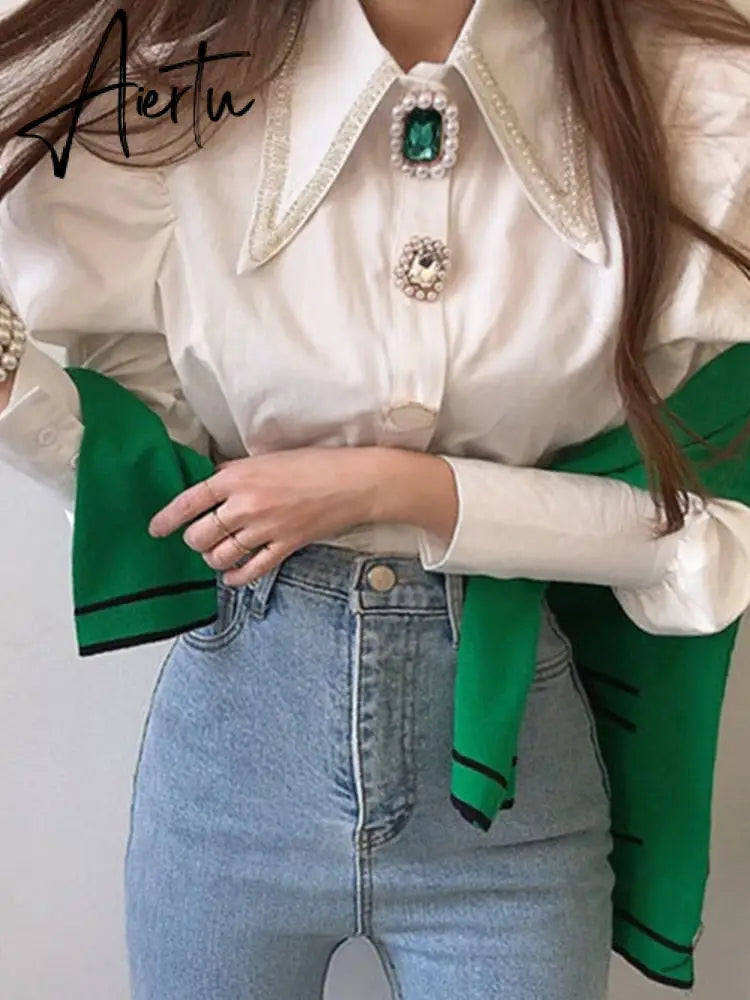 Women Shirts French Vintage Blouse Spring Button Up Shirt Pointed Collar Long Puff Sleeve Pearl Button Slim White Tops Aiertu