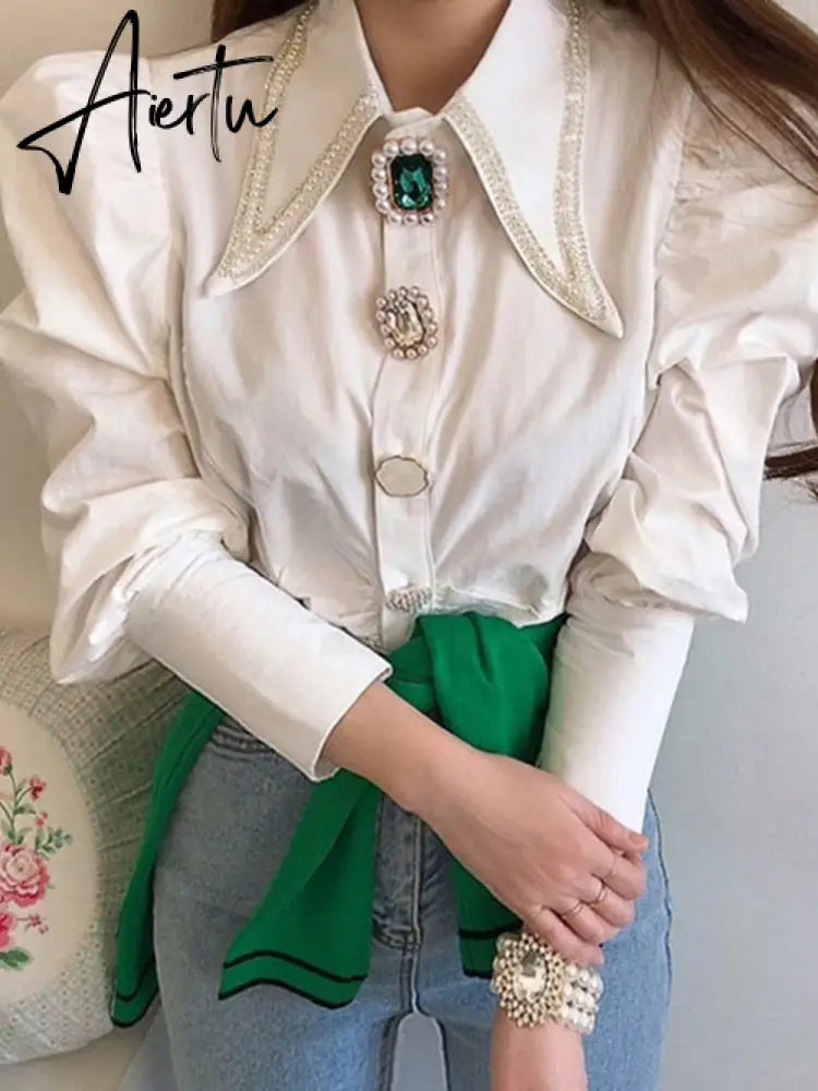 Women Shirts French Vintage Blouse Spring Button Up Shirt Pointed Collar Long Puff Sleeve Pearl Button Slim White Tops Aiertu