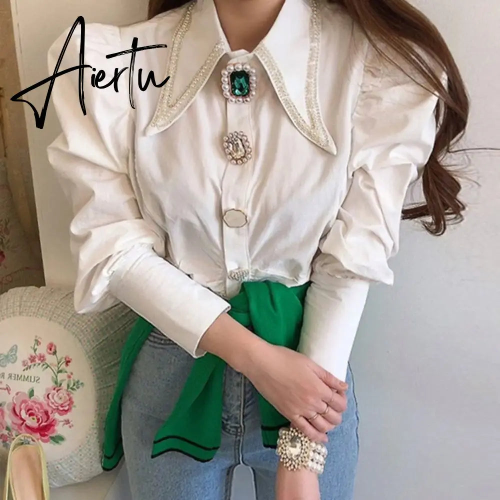 Women Shirts French Vintage Blouse Spring Button Up Shirt Pointed Collar Long Puff Sleeve Pearl Button Slim White Tops Aiertu