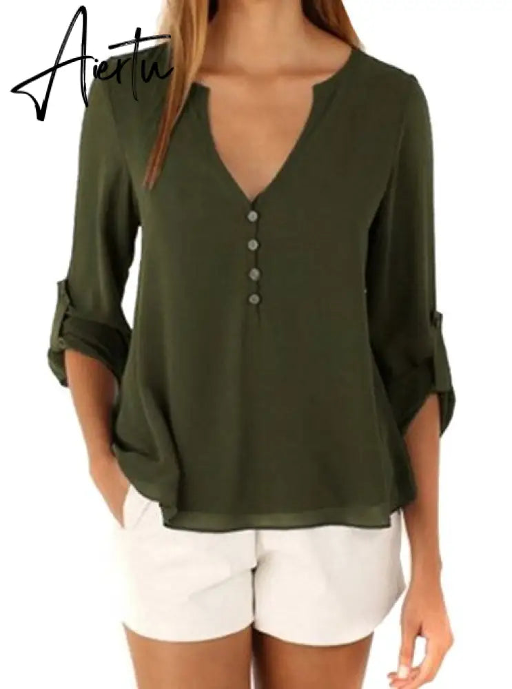 Women Shirts Summer Autumn Casual V-neck Chiffon Blouse Women Tops And Blouses Long Sleeve Black White Ladies Blouse Shirt Aiertu