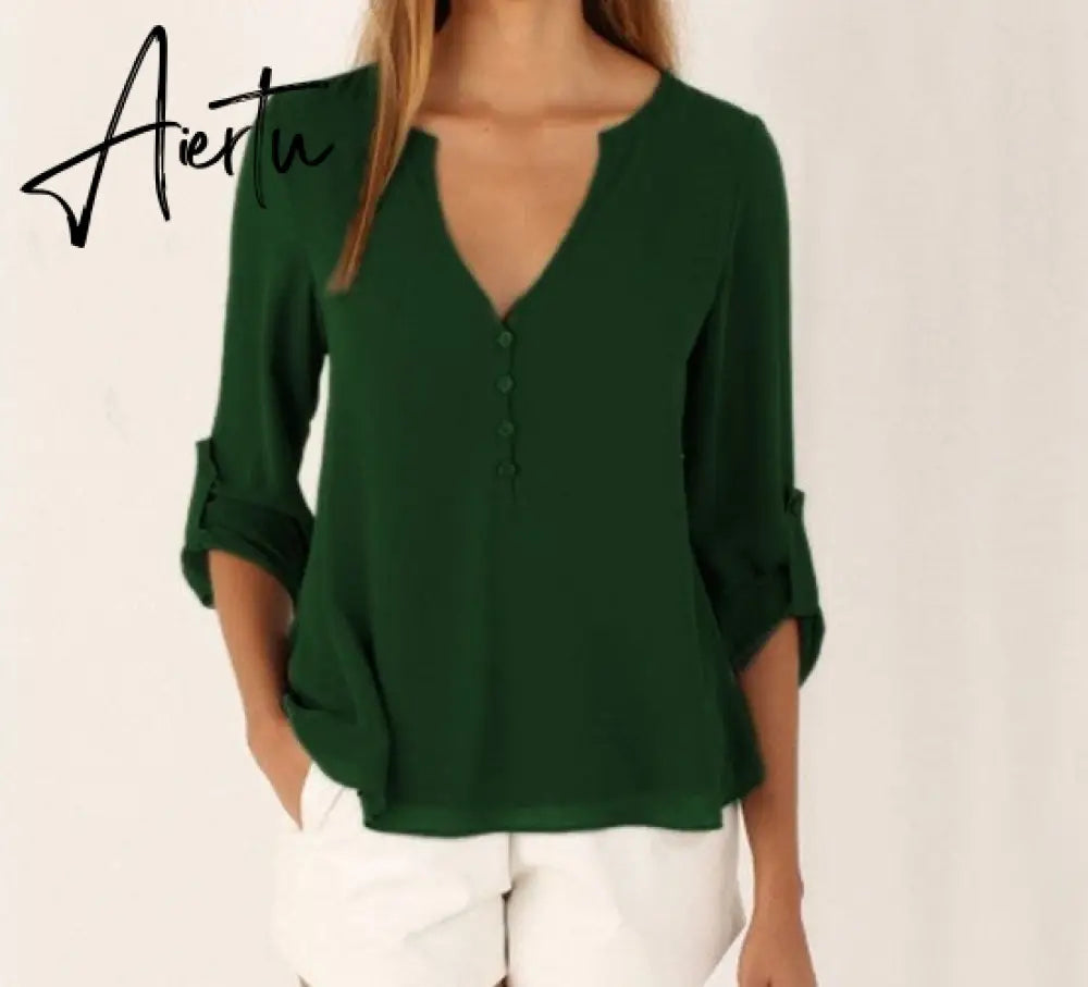 Women Shirts Summer Autumn Casual V-neck Chiffon Blouse Women Tops And Blouses Long Sleeve Black White Ladies Blouse Shirt Aiertu