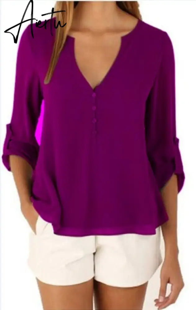 Women Shirts Summer Autumn Casual V-neck Chiffon Blouse Women Tops And Blouses Long Sleeve Black White Ladies Blouse Shirt Aiertu