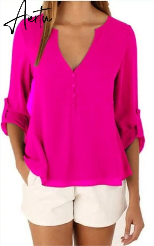 Women Shirts Summer Autumn Casual V-neck Chiffon Blouse Women Tops And Blouses Long Sleeve Black White Ladies Blouse Shirt Aiertu