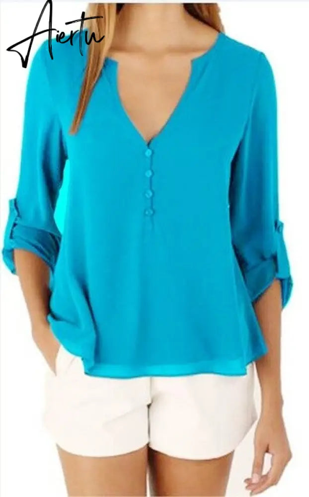 Women Shirts Summer Autumn Casual V-neck Chiffon Blouse Women Tops And Blouses Long Sleeve Black White Ladies Blouse Shirt Aiertu