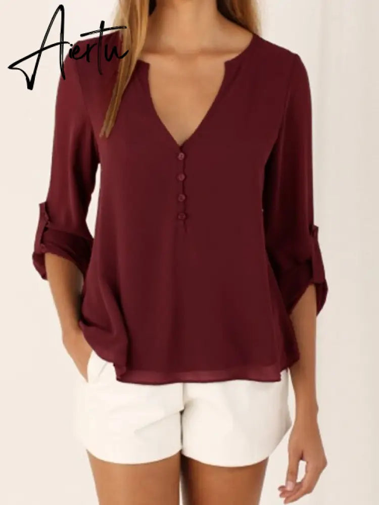 Women Shirts Summer Autumn Casual V-neck Chiffon Blouse Women Tops And Blouses Long Sleeve Black White Ladies Blouse Shirt Aiertu