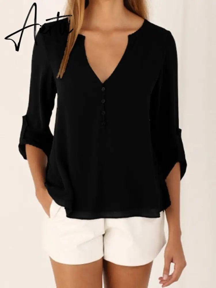 Women Shirts Summer Autumn Casual V-neck Chiffon Blouse Women Tops And Blouses Long Sleeve Black White Ladies Blouse Shirt Aiertu