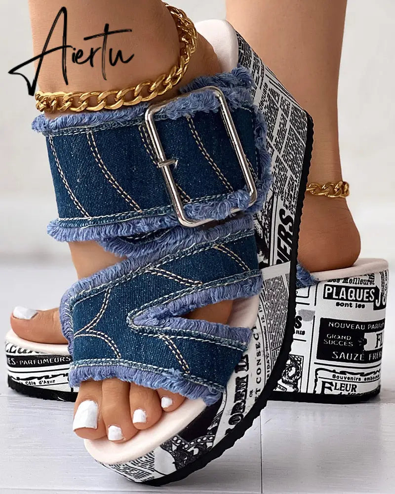 Women Shoes Casual Fashion Vacation Daily Wear Summer Newspaper Buckled Denim Wedge Slippers Sandals Aiertu