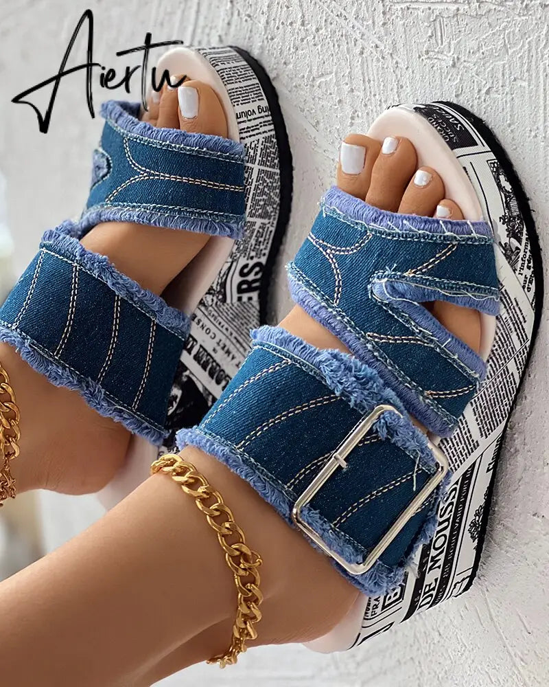 Women Shoes Casual Fashion Vacation Daily Wear Summer Newspaper Buckled Denim Wedge Slippers Sandals Aiertu