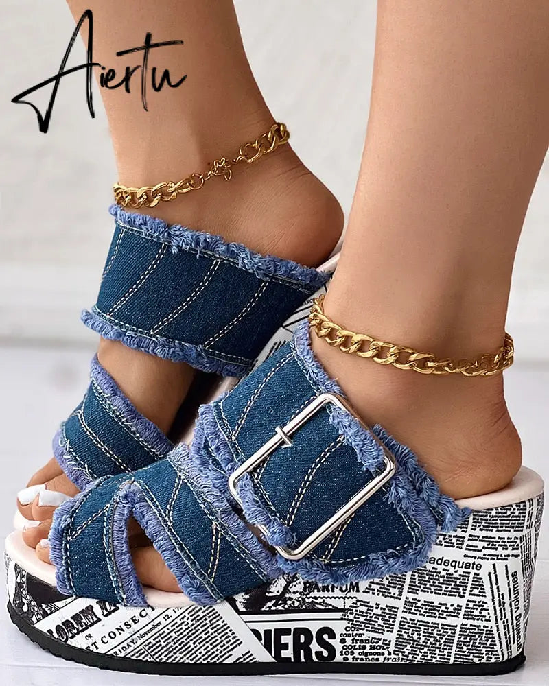 Women Shoes Casual Fashion Vacation Daily Wear Summer Newspaper Buckled Denim Wedge Slippers Sandals Aiertu
