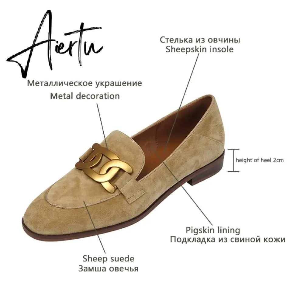 Women Shoes Genuine Leather Flats Loafers Round Toe Sheep Suede Metal Decor Slip-on Footwear Ladies Cozy Casual Shoes  New Aiertu