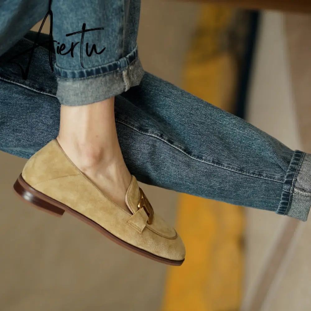 Women Shoes Genuine Leather Flats Loafers Round Toe Sheep Suede Metal Decor Slip-on Footwear Ladies Cozy Casual Shoes  New Aiertu