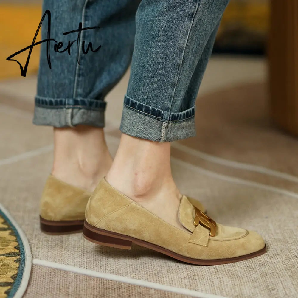 Women Shoes Genuine Leather Flats Loafers Round Toe Sheep Suede Metal Decor Slip-on Footwear Ladies Cozy Casual Shoes  New Aiertu
