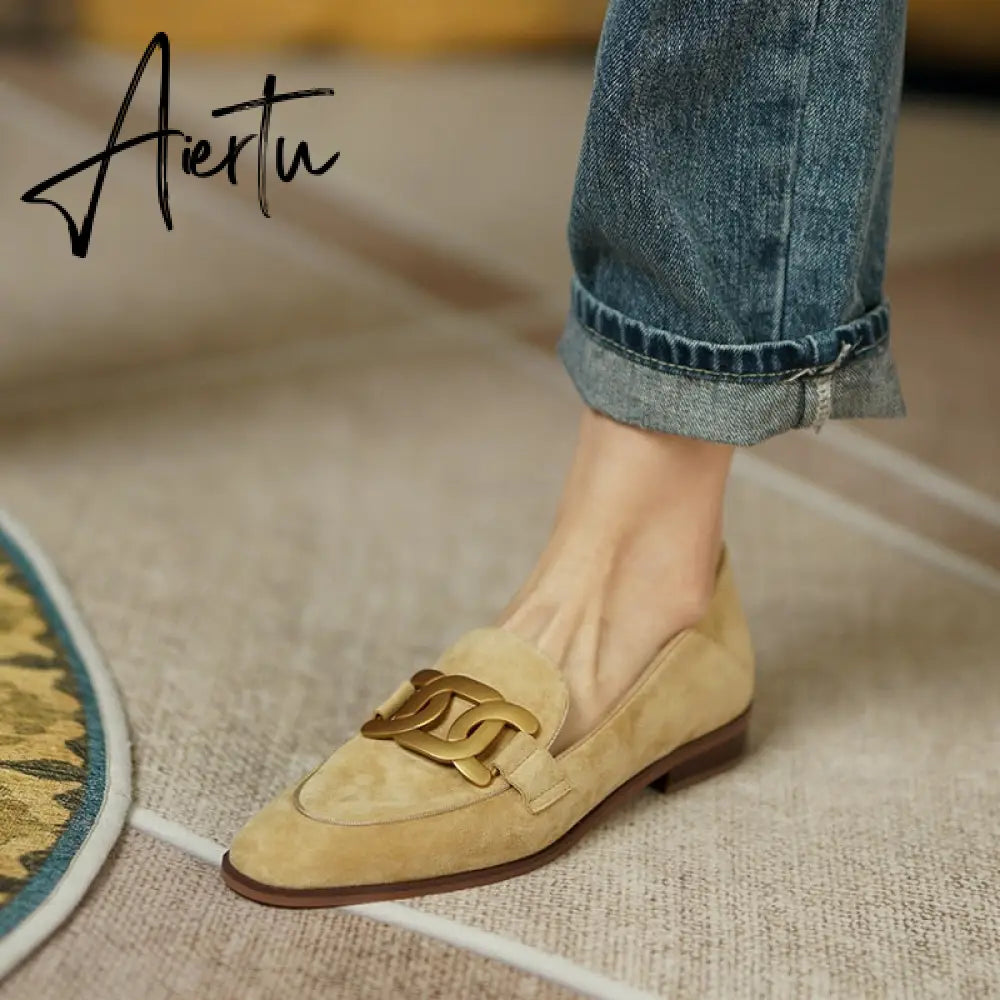 Women Shoes Genuine Leather Flats Loafers Round Toe Sheep Suede Metal Decor Slip-on Footwear Ladies Cozy Casual Shoes  New Aiertu