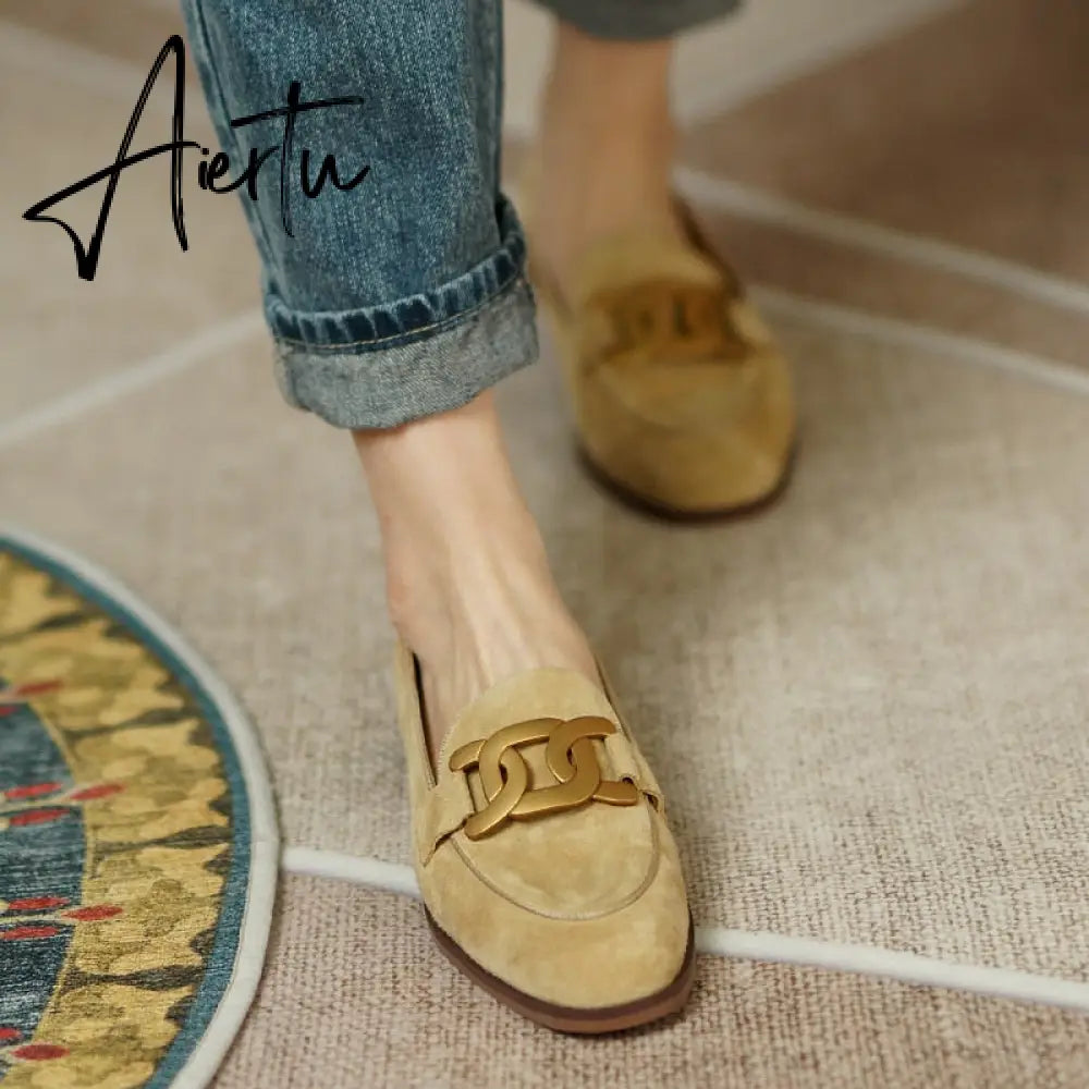 Women Shoes Genuine Leather Flats Loafers Round Toe Sheep Suede Metal Decor Slip-on Footwear Ladies Cozy Casual Shoes  New Aiertu