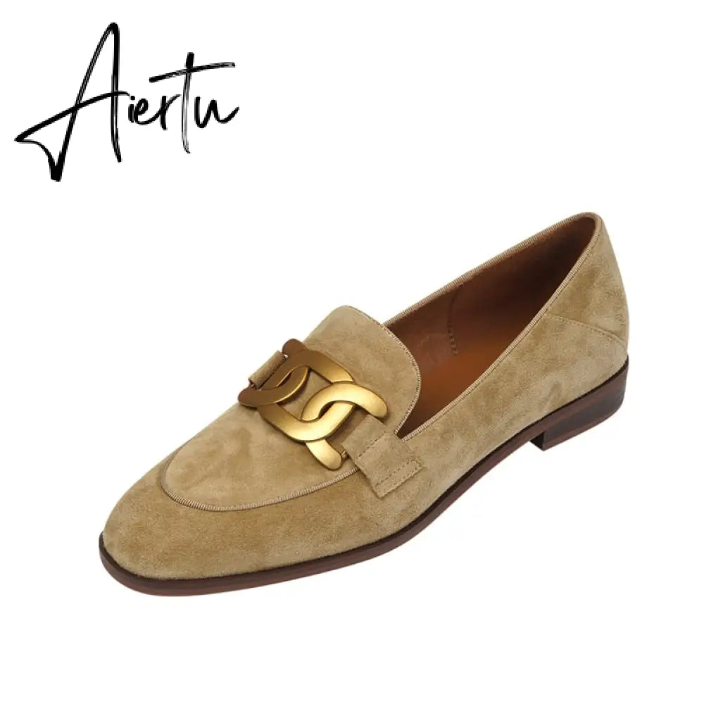 Women Shoes Genuine Leather Flats Loafers Round Toe Sheep Suede Metal Decor Slip-on Footwear Ladies Cozy Casual Shoes  New Aiertu