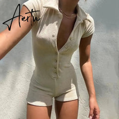 Women Skinny Playsuit Summer Knitted Short Sleeve Overalls Y2K Vintage Turn Down Collar Rompers Female Workout Streetwear Outfit Aiertu