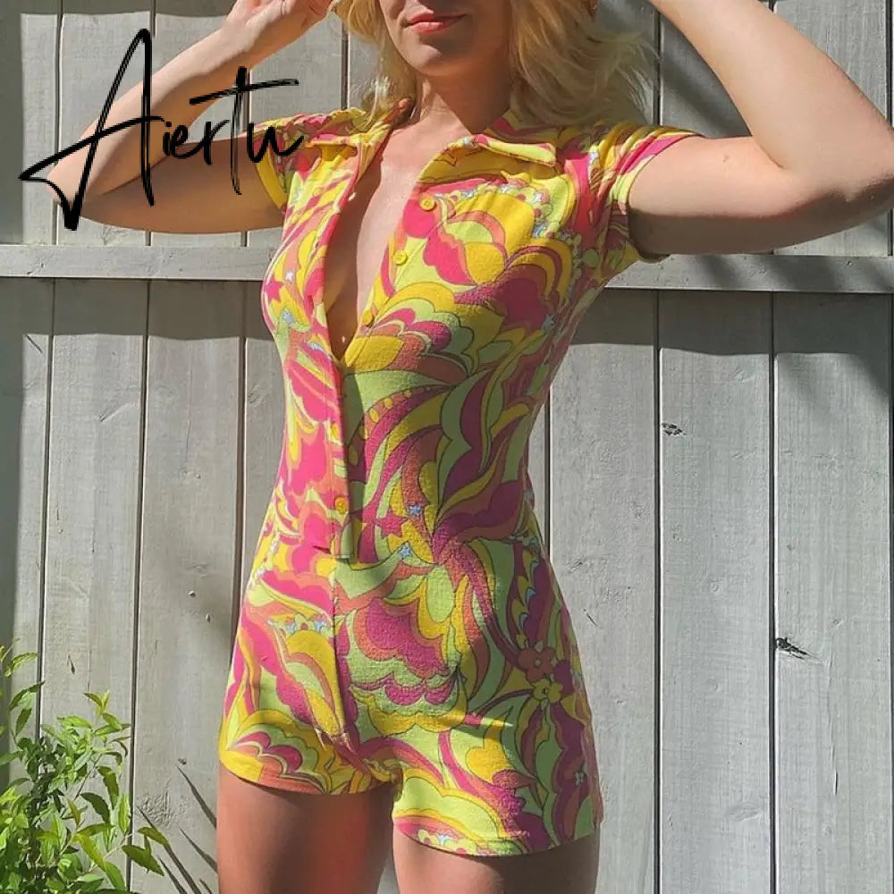 Women Skinny Playsuit Summer Knitted Short Sleeve Overalls Y2K Vintage Turn Down Collar Rompers Female Workout Streetwear Outfit Aiertu