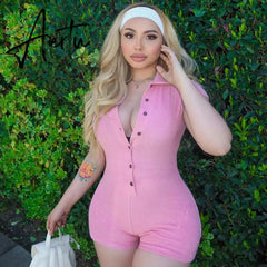 Women Skinny Playsuit Summer Knitted Short Sleeve Overalls Y2K Vintage Turn Down Collar Rompers Female Workout Streetwear Outfit Aiertu