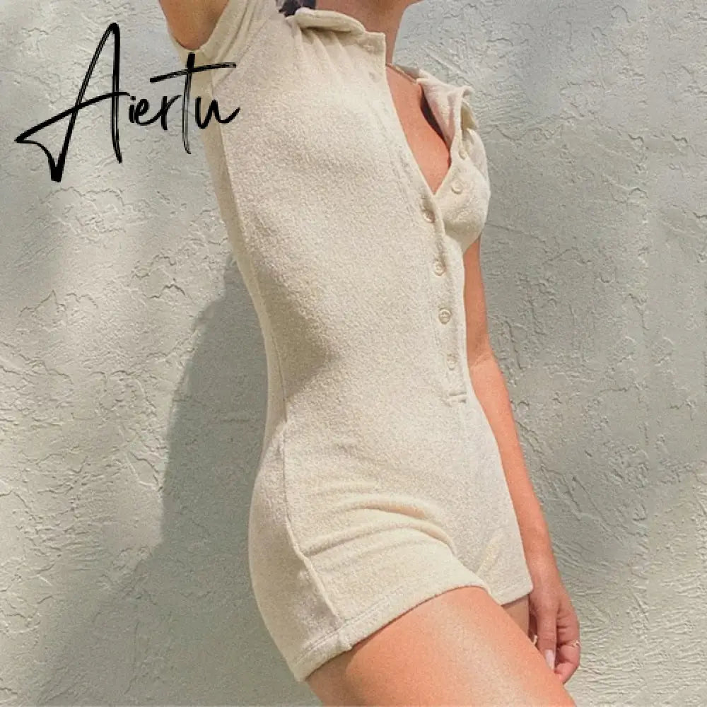 Women Skinny Playsuit Summer Knitted Short Sleeve Overalls Y2K Vintage Turn Down Collar Rompers Female Workout Streetwear Outfit Aiertu