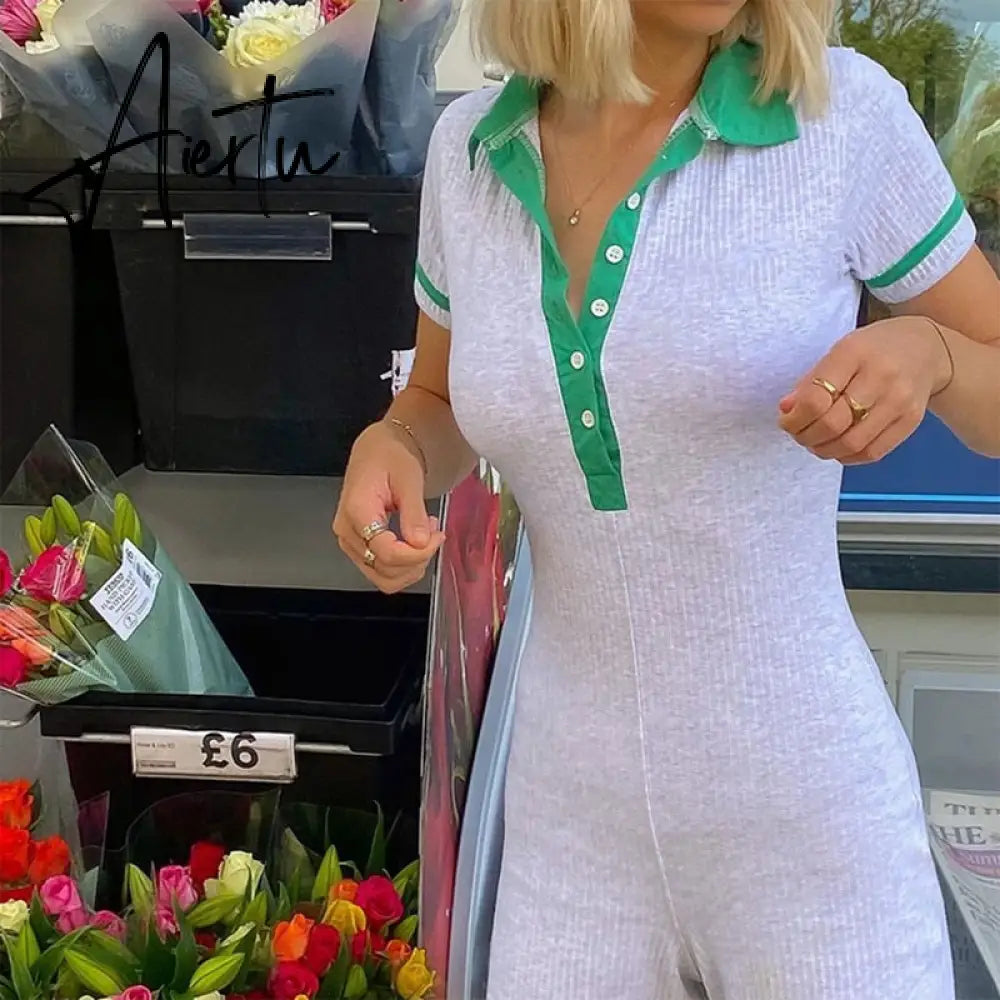 Women Skinny Playsuit Summer Knitted Short Sleeve Overalls Y2K Vintage Turn Down Collar Rompers Female Workout Streetwear Outfit Aiertu