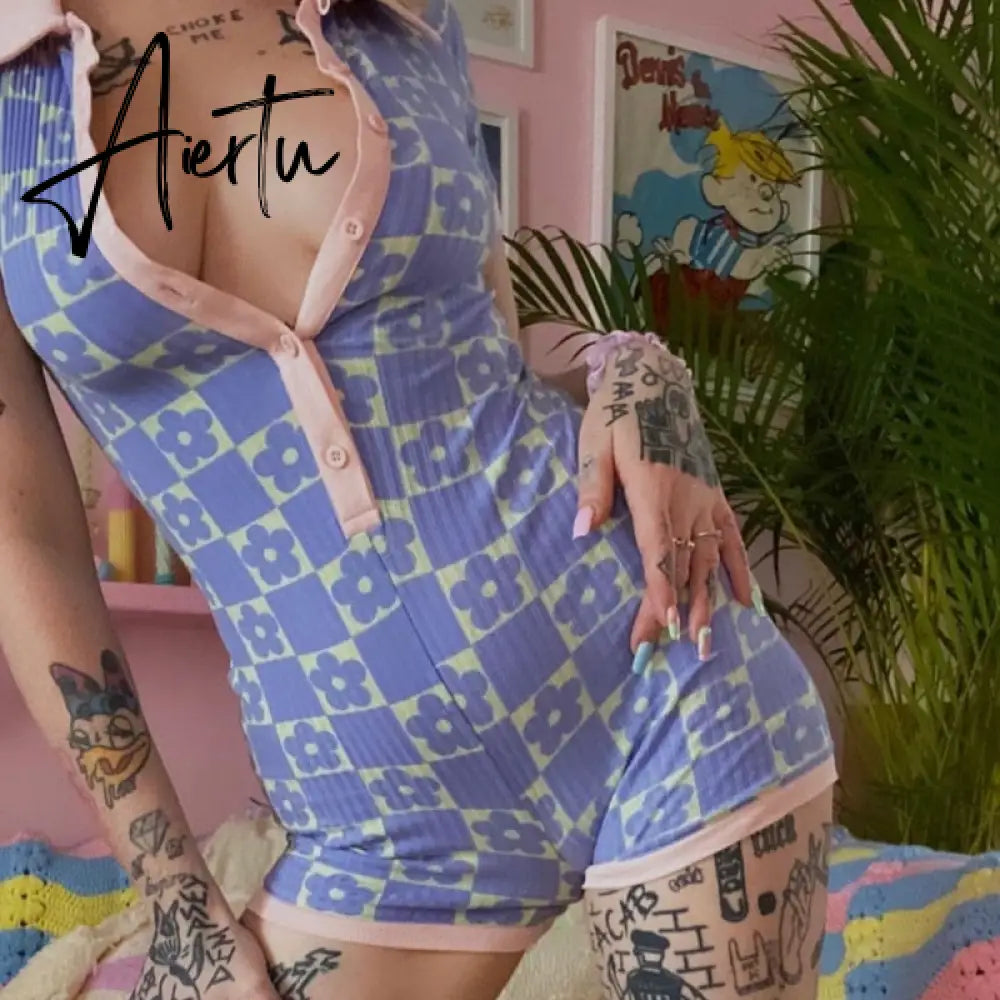 Women Skinny Playsuit Summer Knitted Short Sleeve Overalls Y2K Vintage Turn Down Collar Rompers Female Workout Streetwear Outfit Aiertu
