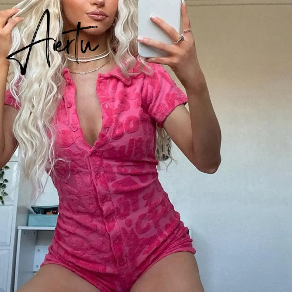 Women Skinny Playsuit Summer Knitted Short Sleeve Overalls Y2K Vintage Turn Down Collar Rompers Female Workout Streetwear Outfit Aiertu