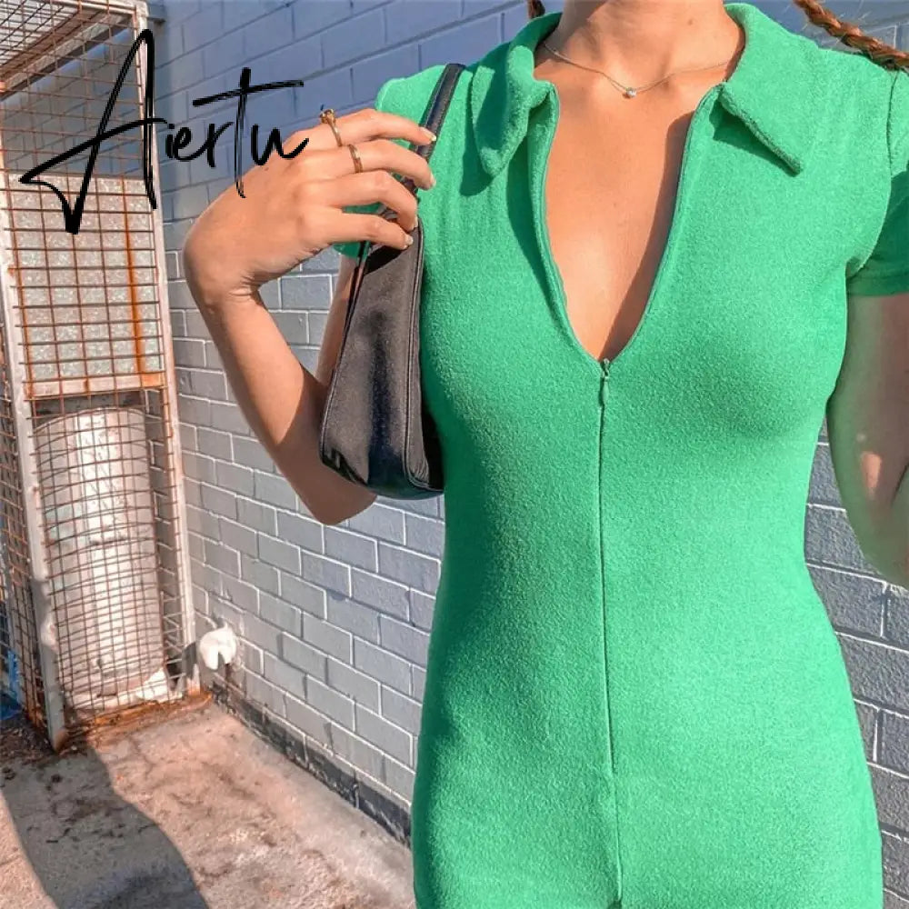 Women Skinny Playsuit Summer Knitted Short Sleeve Overalls Y2K Vintage Turn Down Collar Rompers Female Workout Streetwear Outfit Aiertu