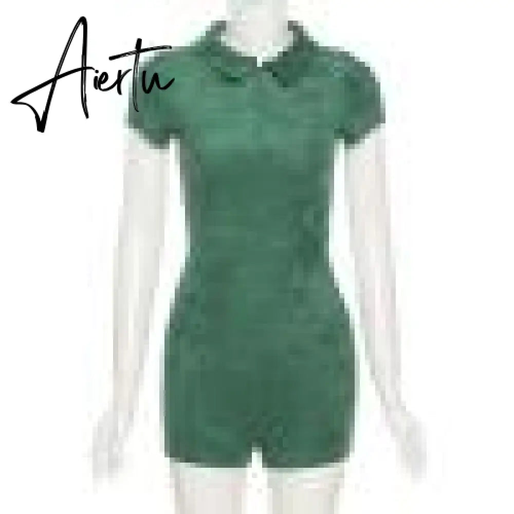 Women Skinny Playsuit Summer Knitted Short Sleeve Overalls Y2K Vintage Turn Down Collar Rompers Female Workout Streetwear Outfit Aiertu