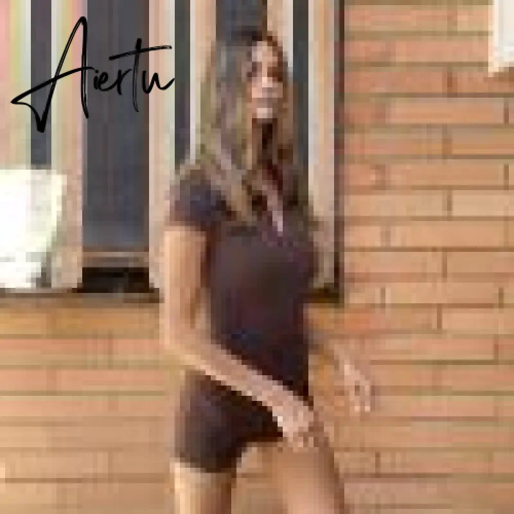 Women Skinny Playsuit Summer Knitted Short Sleeve Overalls Y2K Vintage Turn Down Collar Rompers Female Workout Streetwear Outfit Aiertu