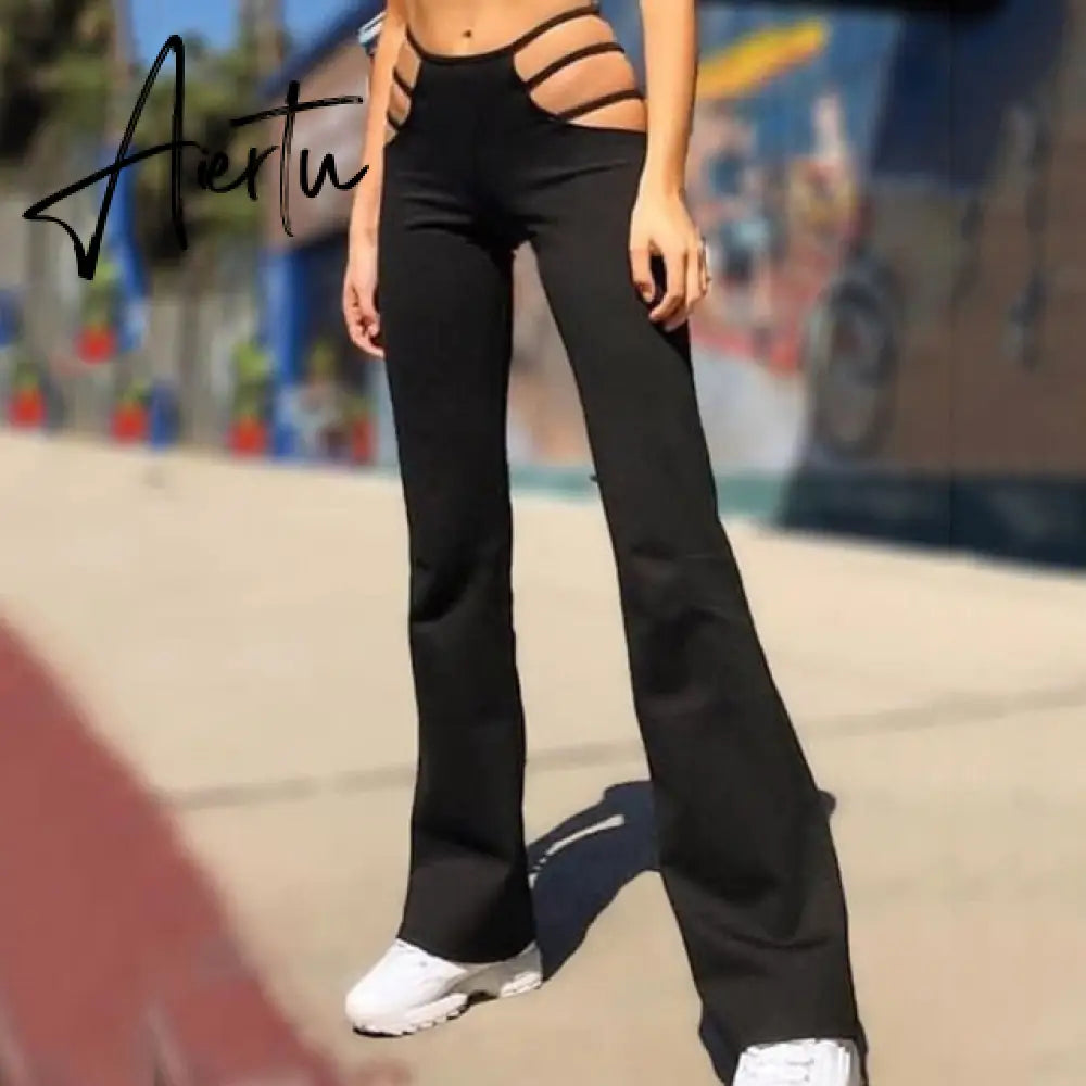 Women Solid Color Sexy Cut Out Pants Slim Fitness Cotton Pants Hollow Out Flare Pants Streetwear Bell Bottom Pants Trousers Low Aiertu