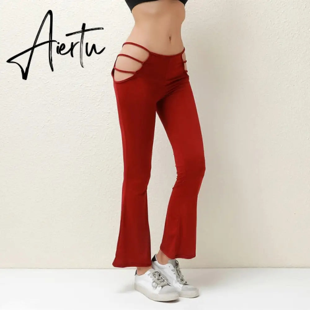 Women Solid Color Sexy Cut Out Pants Slim Fitness Cotton Pants Hollow Out Flare Pants Streetwear Bell Bottom Pants Trousers Low Aiertu