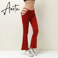 Women Solid Color Sexy Cut Out Pants Slim Fitness Cotton Pants Hollow Out Flare Pants Streetwear Bell Bottom Pants Trousers Low Aiertu