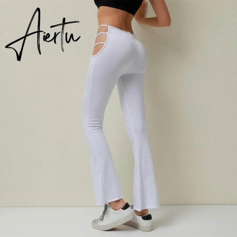 Women Solid Color Sexy Cut Out Pants Slim Fitness Cotton Pants Hollow Out Flare Pants Streetwear Bell Bottom Pants Trousers Low Aiertu