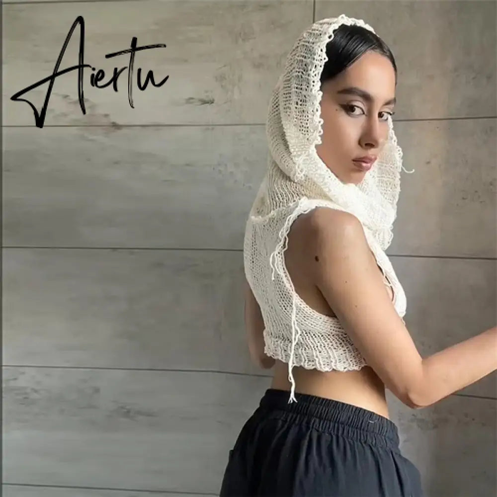 Women Solid Crochet Sleeveless Puss Knit Hooded Tank Top Y2K  Sexy Navel Camisole Stretch Skinny  street hipster Wild vest Aiertu