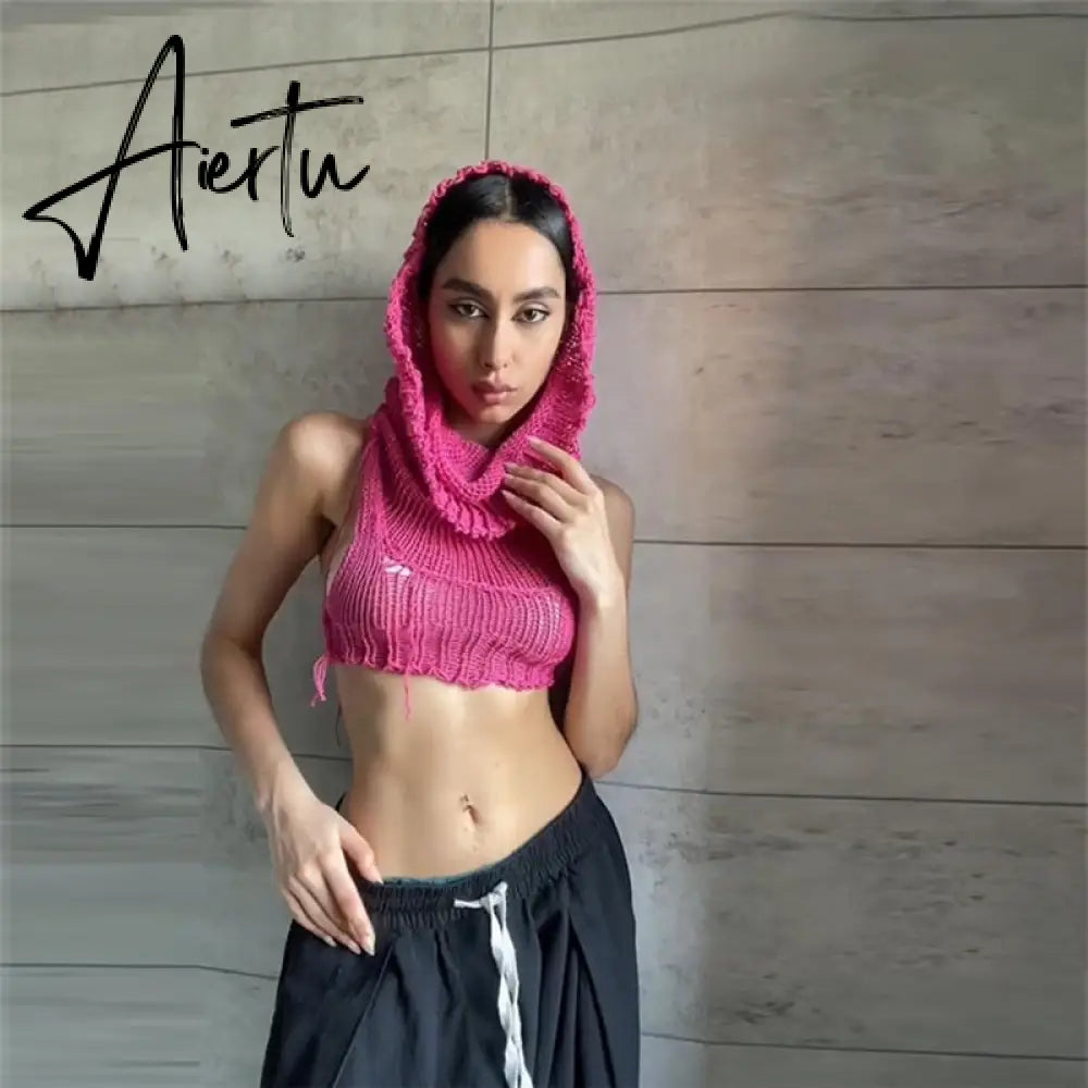 Women Solid Crochet Sleeveless Puss Knit Hooded Tank Top Y2K  Sexy Navel Camisole Stretch Skinny  street hipster Wild vest Aiertu