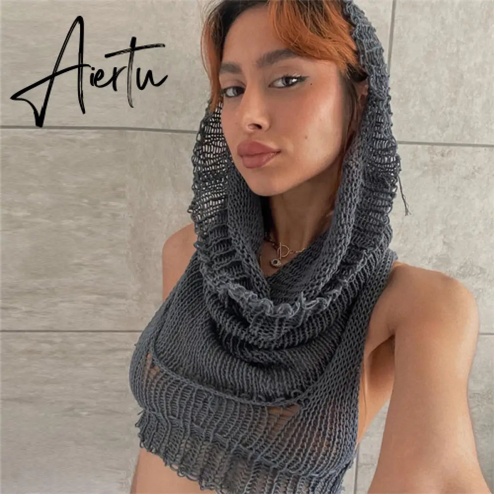 Women Solid Crochet Sleeveless Puss Knit Hooded Tank Top Y2K  Sexy Navel Camisole Stretch Skinny  street hipster Wild vest Aiertu