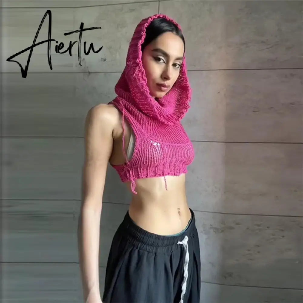 Women Solid Crochet Sleeveless Puss Knit Hooded Tank Top Y2K  Sexy Navel Camisole Stretch Skinny  street hipster Wild vest Aiertu