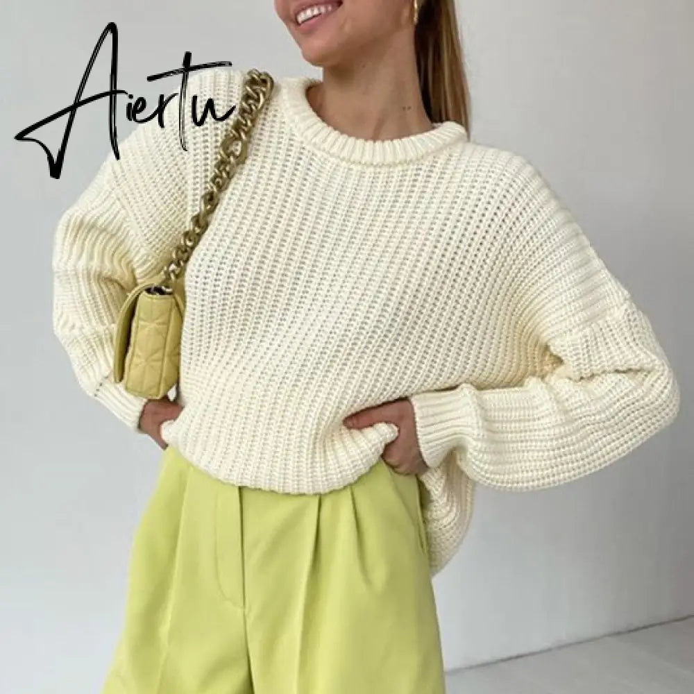 Women Solid Knitted Thickening Oversized Sweater Female Round Neck Long Sleeve Casual Loose Pullovers Top Autumn Winter Aiertu