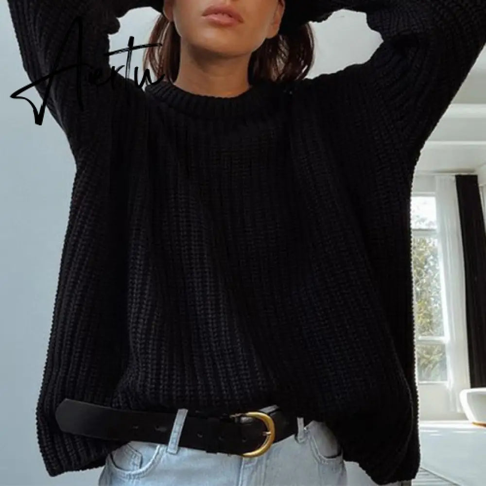 Women Solid Knitted Thickening Oversized Sweater Female Round Neck Long Sleeve Casual Loose Pullovers Top Autumn Winter Aiertu