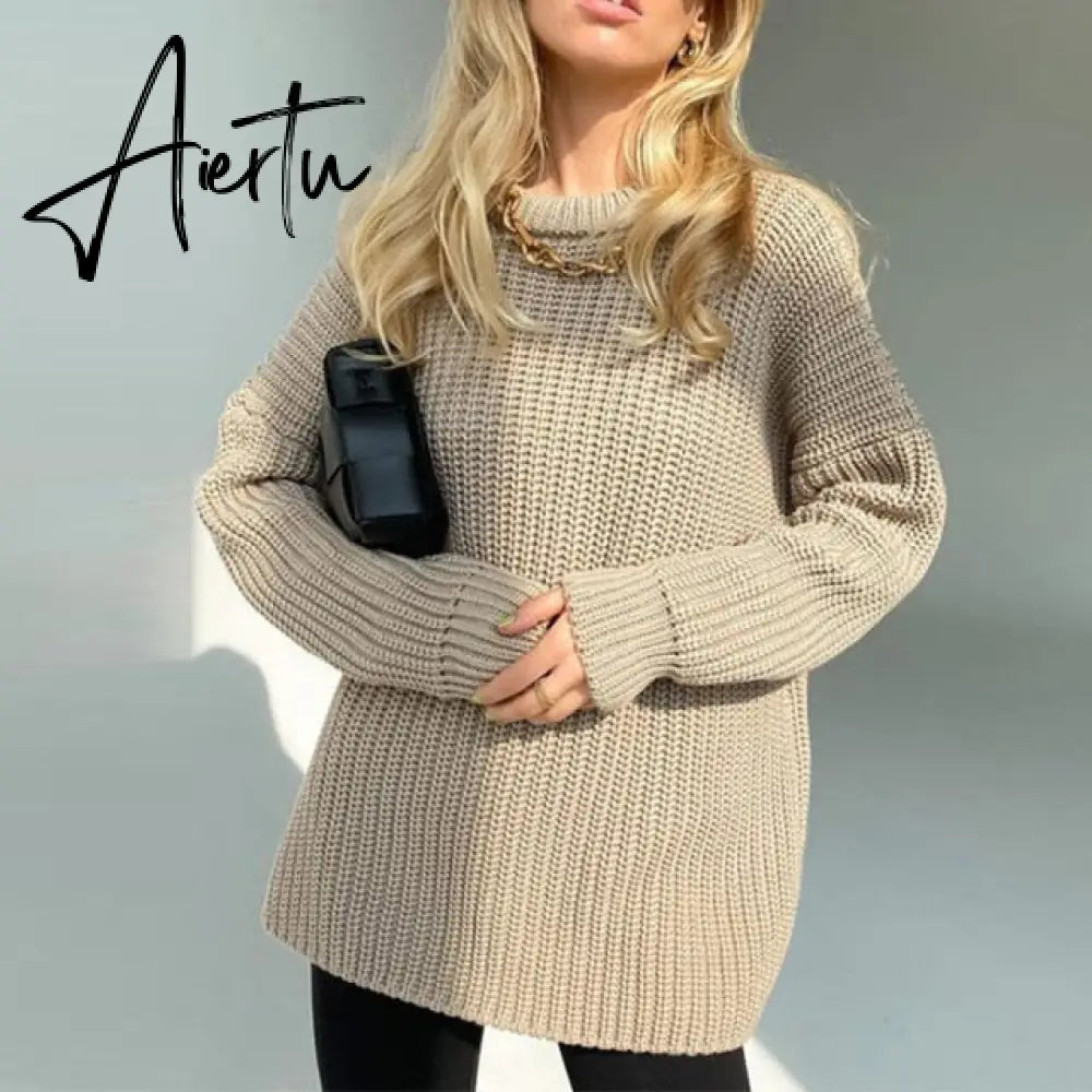 Women Solid Knitted Thickening Oversized Sweater Female Round Neck Long Sleeve Casual Loose Pullovers Top Autumn Winter Aiertu