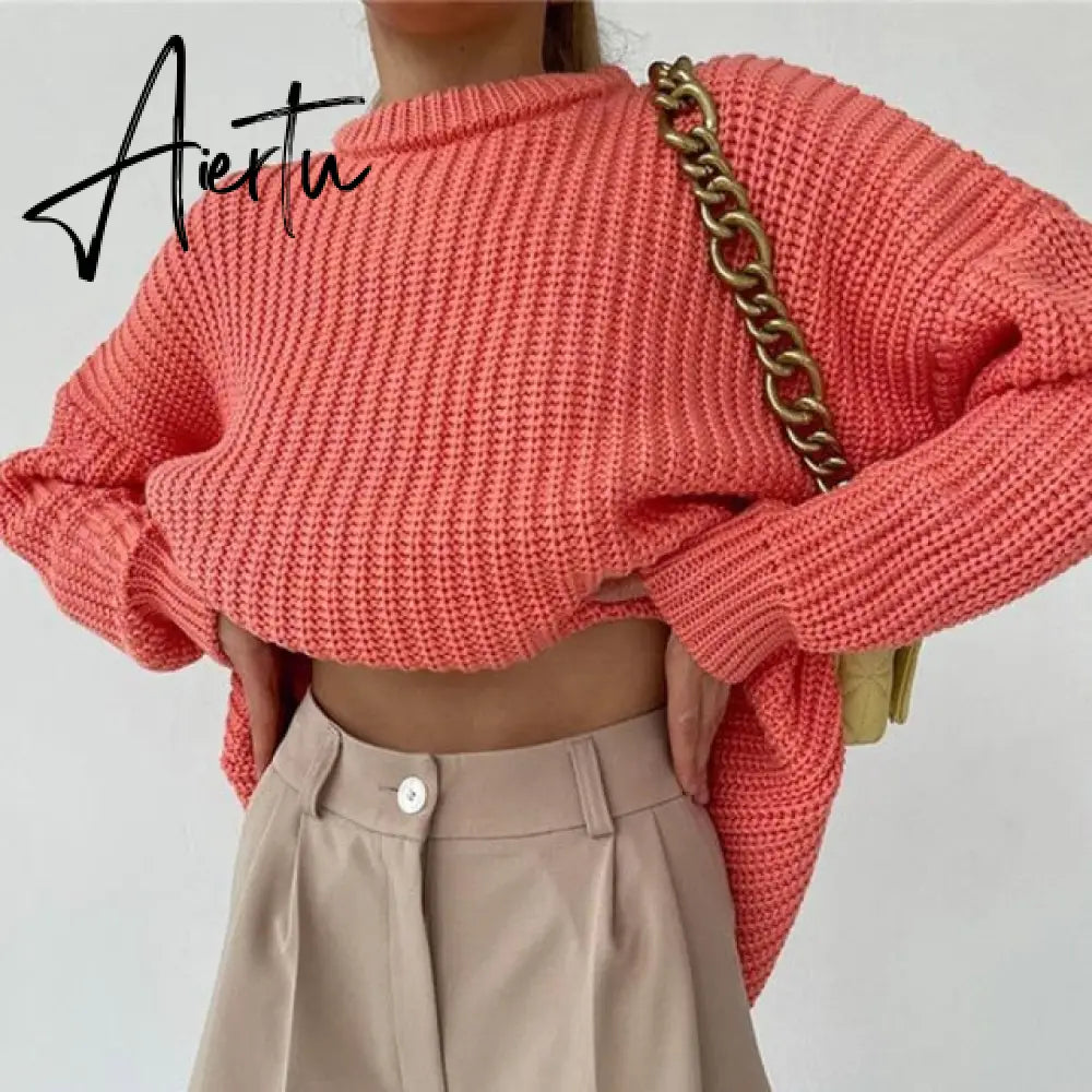 Women Solid Knitted Thickening Oversized Sweater Female Round Neck Long Sleeve Casual Loose Pullovers Top Autumn Winter Aiertu