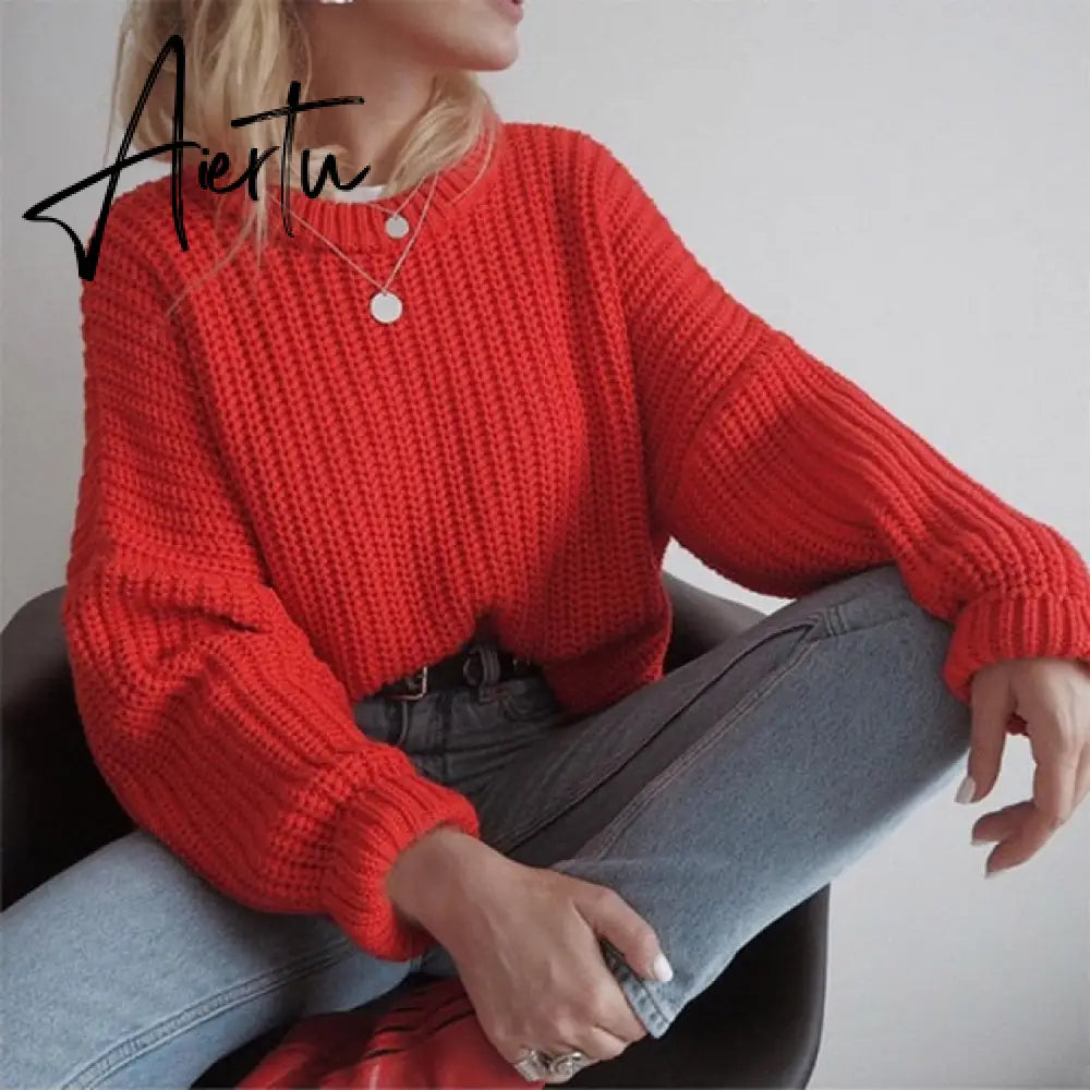 Women Solid Knitted Thickening Oversized Sweater Female Round Neck Long Sleeve Casual Loose Pullovers Top Autumn Winter Aiertu