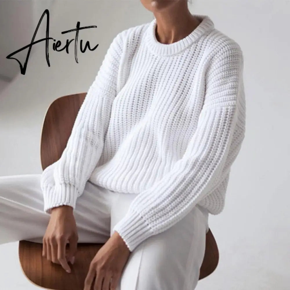 Women Solid Knitted Thickening Oversized Sweater Female Round Neck Long Sleeve Casual Loose Pullovers Top Autumn Winter Aiertu